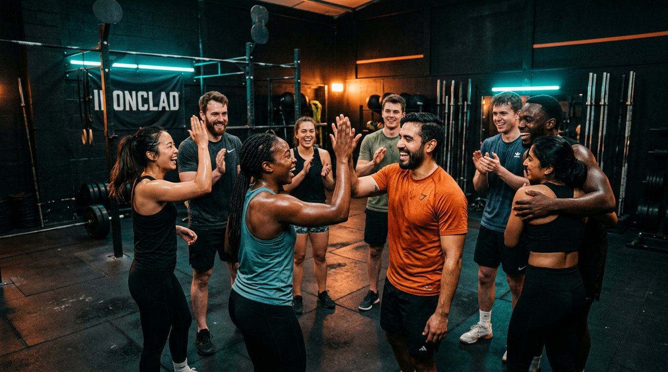 A diverse team of young adults celebrating together after a group workout