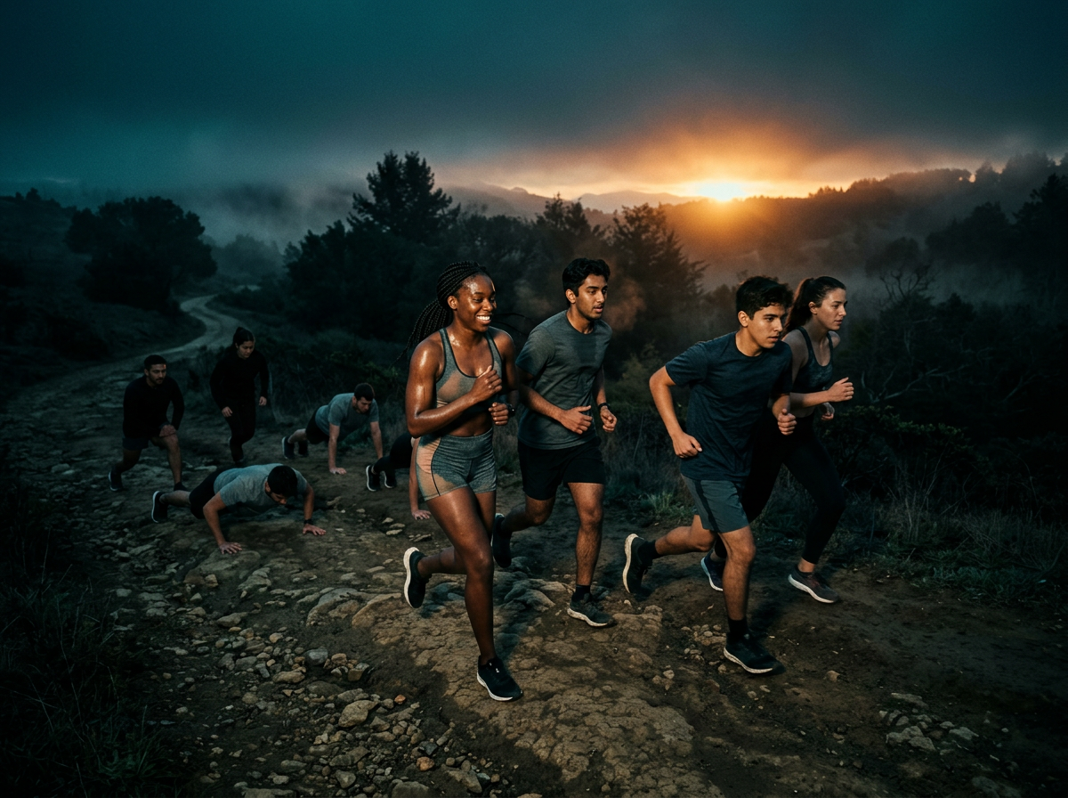 A diverse group of young adults training together outdoors at dawn